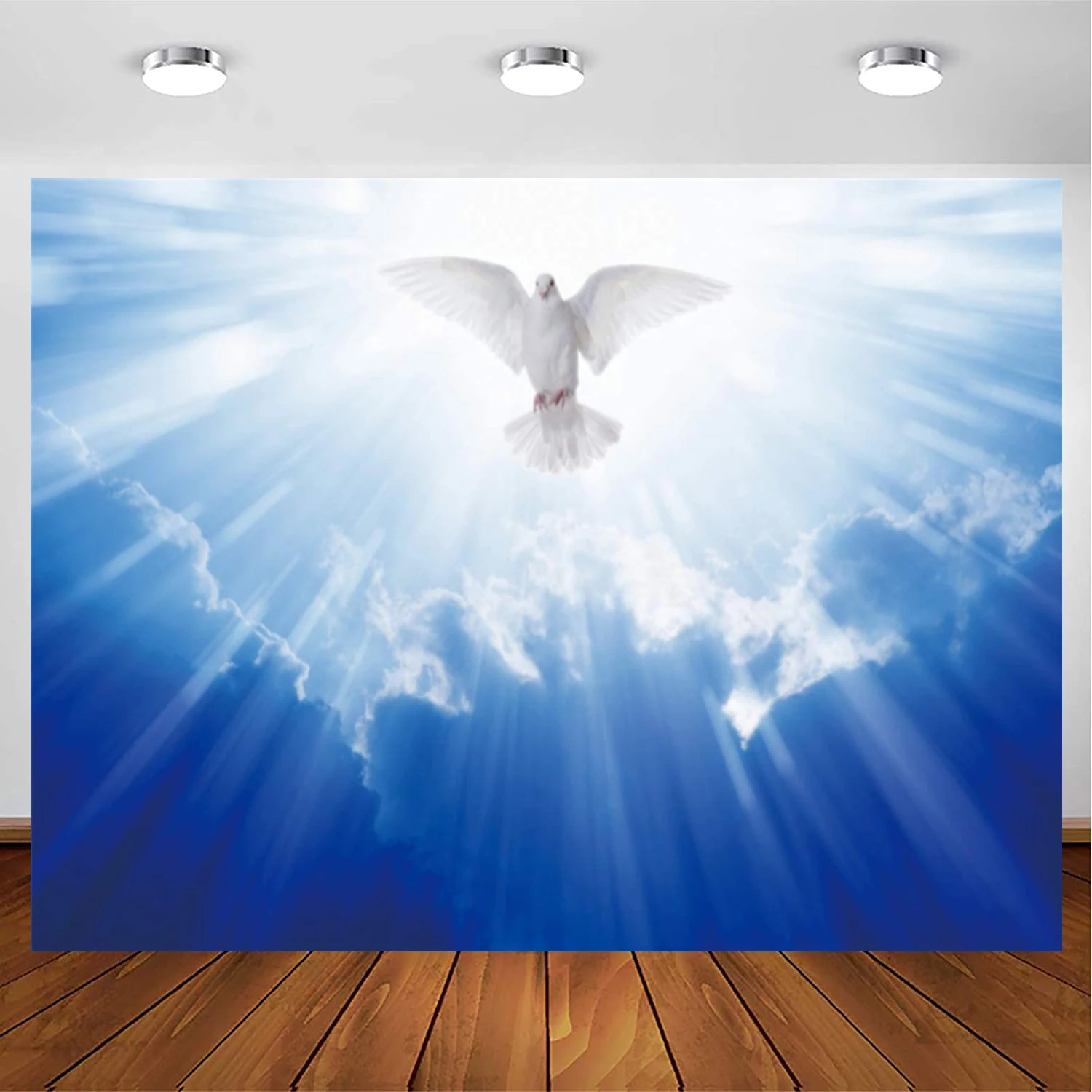 

Jesus Christ Photography Backdrop Holy Light Beams Dove In The Air with Wings Wide Background Peace Symbolic Church Sanctuary