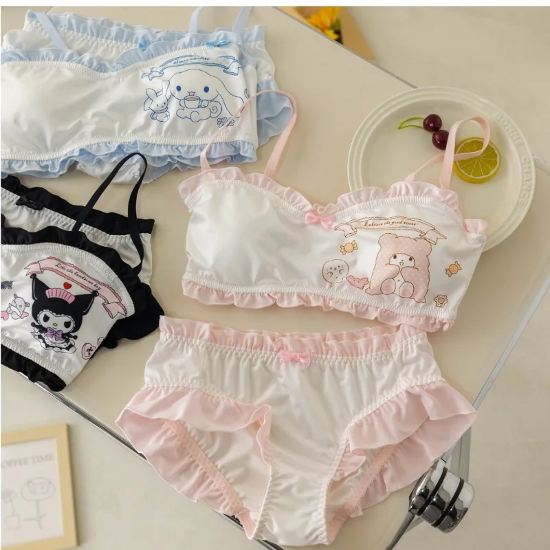 

My Melody Kuromi Underwear Set Kawaii Cinnamoroll Sanrioes Student Girl Cartoon with Bra No Steel Ring Wrapped Chest Panty Set
