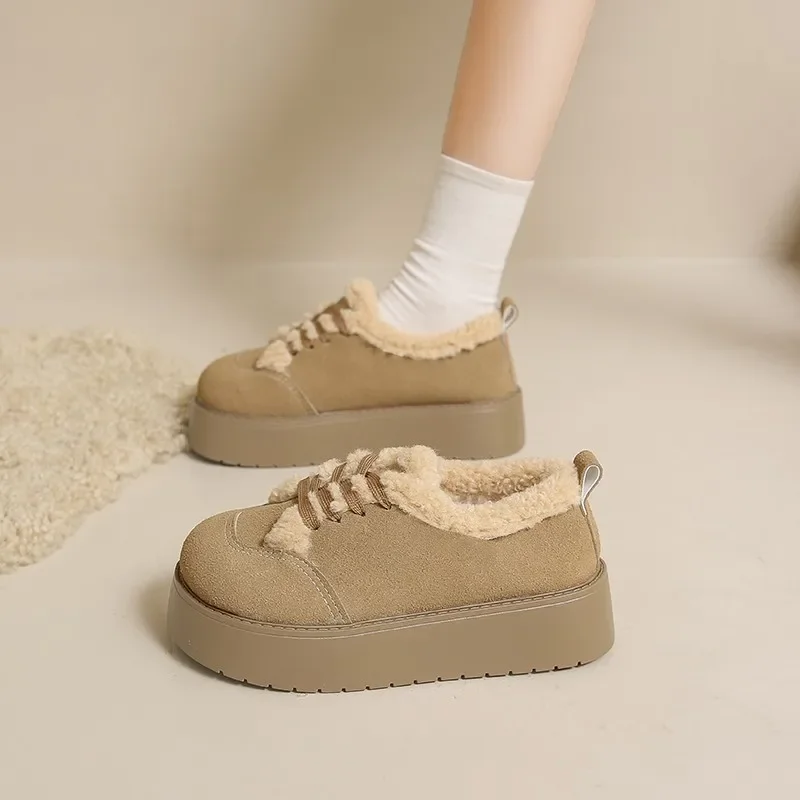 Casual Woman Shoe Loafers With Fur Clogs Platform Round Toe Modis Slip-on New Creepers 2024 Winter Lace-Up Solid Leisure Fashion