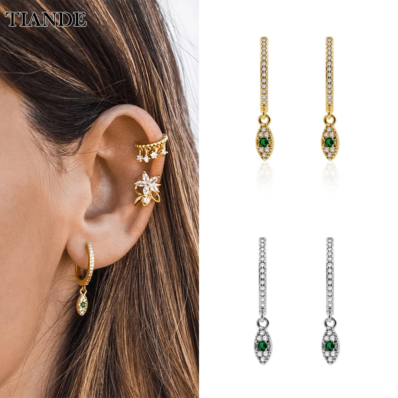 

TIANDE Silver Color Gold Plated Dangle Earrings for Women Green Zircon Evil Eye Hoop Drop Earring 2022 Fashion Jewelry Wholesale