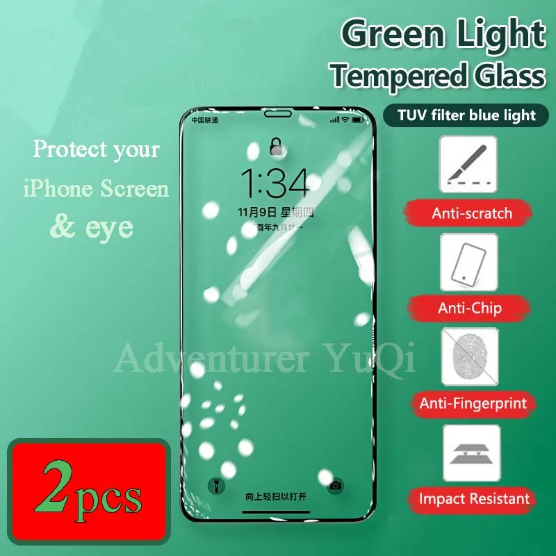 

Screen & Eye Protector Green Ray Light Filter Tempered Glass for iPhone 13 12 11 Pro Max Mini 14 Pro Plus X XR Xs Plus 2pcs