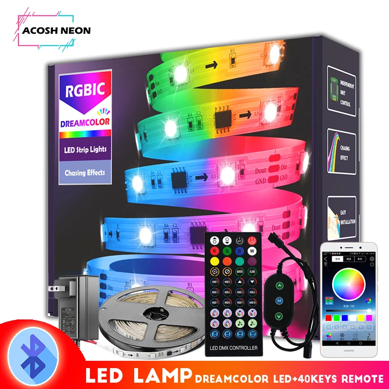 Dreamcolor smart LED Strip lights 32.8ft bluetooth rgbic led lamp with chasing effect 18/30/60LEDs/M night light for holiday