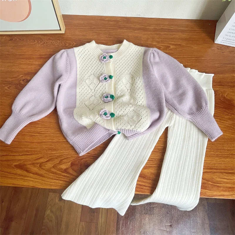 

Kids Girls Spring Clothes Sweet Baby Knitted Suit Flower Cardigan and Flared Pants Two-piece Children Outfit