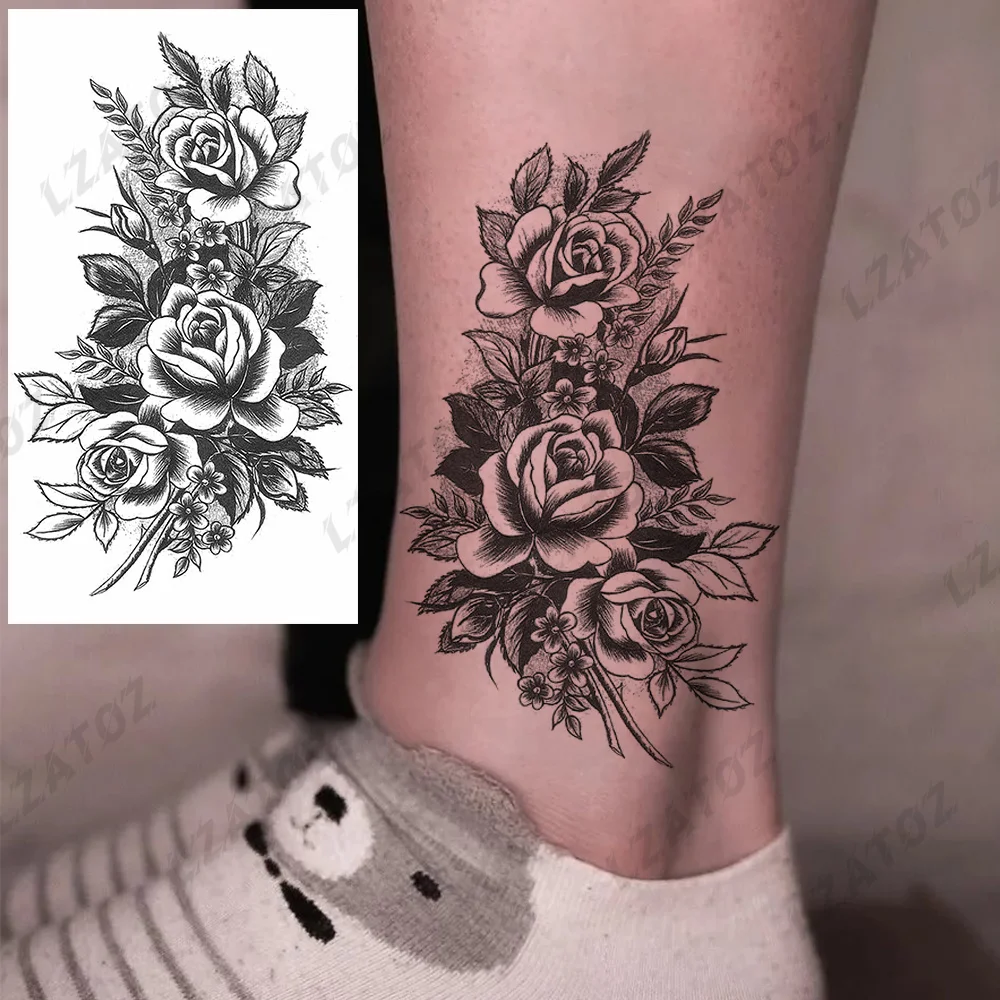 

Black Rose Flower Temporary Tattoos For Woman Adult DIY Fake Peony Tulip Snake Tattoo Sticker Paper Foot Water Transfer Tatoos