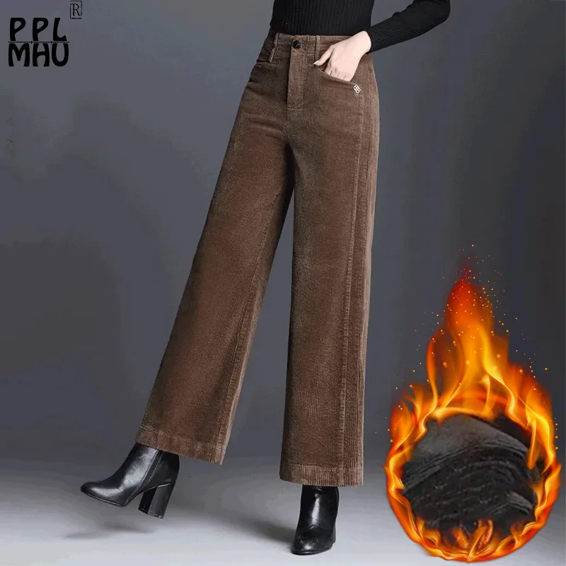 Mom Plus Velvet Corduroy Wide Leg Pants Women Elegant Office Winter Pantalones De Mujer Cintura Alta Baggy Thick Warm Trousers