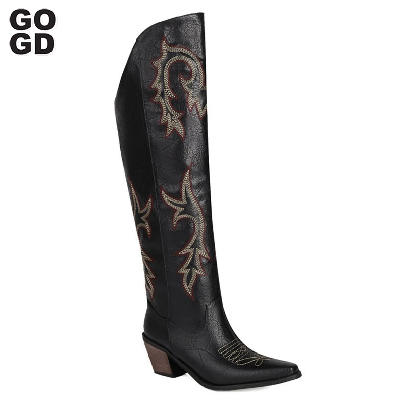 

GOGD Brand Fashion Women’s The Knee Boots Embroidered Western Knee High Boots Chunky Heels Platform Shoes Cowboy Cowgirl Boots