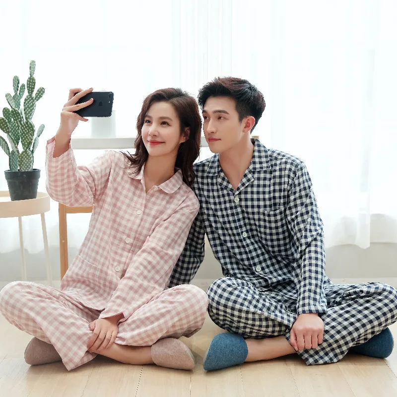

Fashion plaid 100% gauze cotton pajamas sets women men lovers spring autumn long sleeve casual sleepwear pyjamas 0321