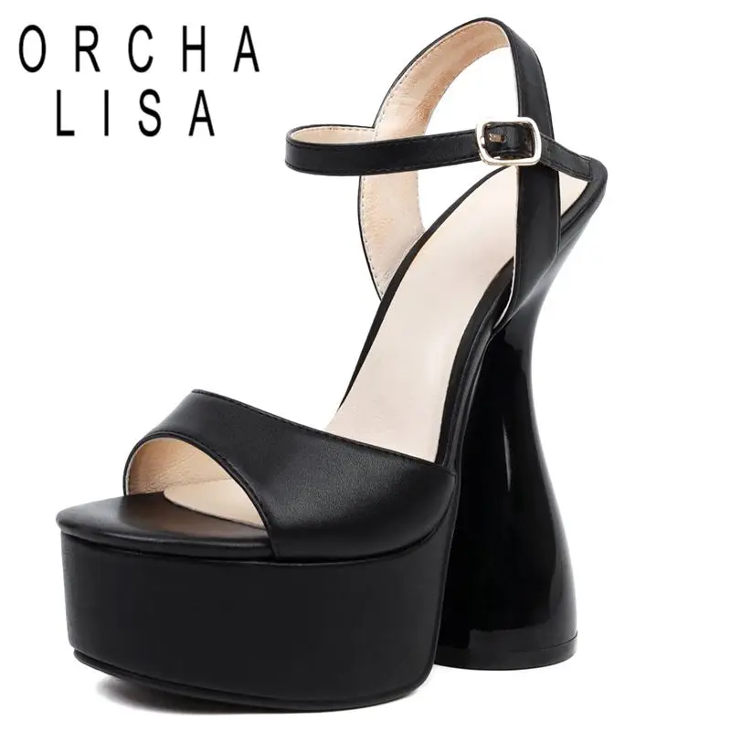 

ORCHA LISA Women Sandals Peep Toe 16cm High Strange Heel 4.5cm Platform Buckle Strap Plus Size 34-43 Black Sexy Party S3936