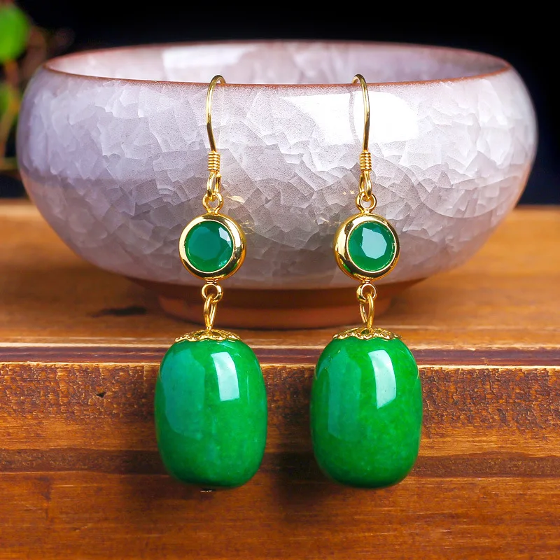 

Natural 925 sterling silver ear hook inlaid green jadeite simple retro temperament earrings jewelry individuality for woman
