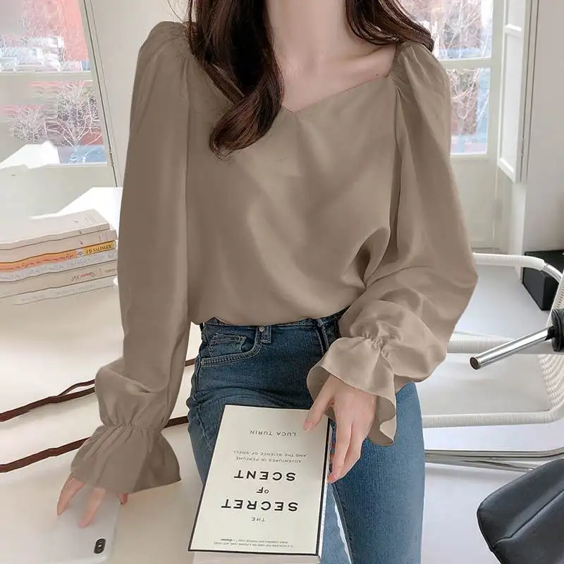 

VONDA 2022 Elegant Square Collar Blouse Vintage Solid Casual Pleated Top Street Shirts Blusas Women Long Sleeve Chemise Oversize