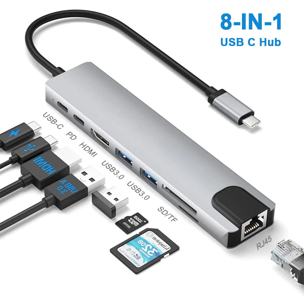 

USB C Hub Type C 3.1 To 4K HDMI Adapter with RJ45 Ethernet SD/TF Card Reader PD Thunderbolt 3 for MacBook Pro IPad Air Xiaomi