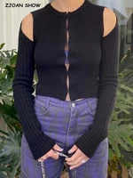2022 women metal hook buttons hollow out front slit shoulder crop cardigan retro knitted sweater sexy long sleeve slim jumper
