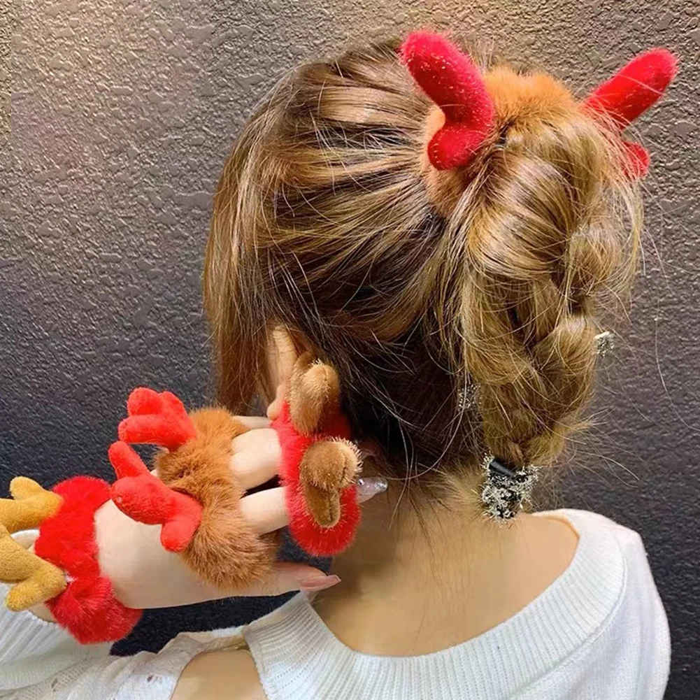 

New Christmas Red Elk Antlers Hair Scrunchies For Women Plush Hair Ring Ponytail Holder Rubber Band Sweet Hair Accessories