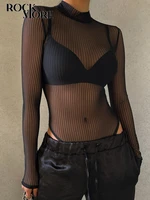 rockmore fashion mesh bodysuit women backless bodies tops stretchy skinny see through wear 2022 black long sleeve party outfits