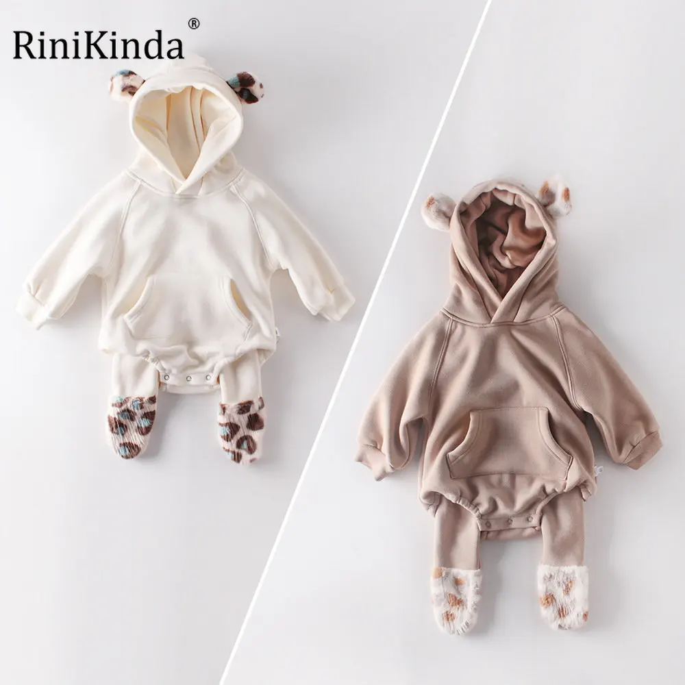 

RiniKinda Baby Clothes Winter Boys Plush Sweatshirt Romper Girls Baby Newborn Hooded One-piece Romper Jumper + Fleece Pants