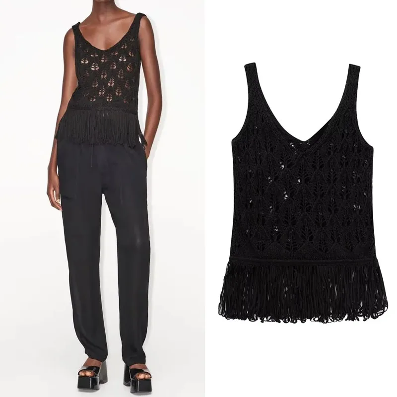 

TRAF 2023 Black Fringed Knit Top Sexy V-Neck Woman Clothing Tops Fashion Open-Knit Wide Straps Vest Fringed Hem Party Summer Top