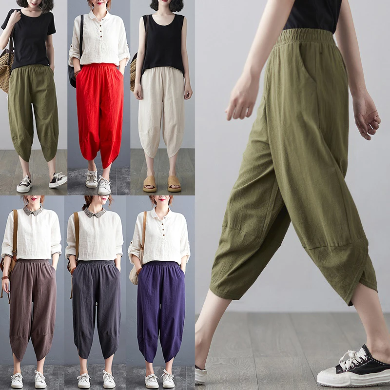 

New Large Size Ladies Pointed-footed Pants Ethnic Cotton Wide-leg Pants Wild Literary Fan Thin Harem Pants Nine-point Pants