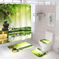 Full Set Bathroom Shower Curtain Set and Rugs Waterproof Fabric Furniture Accessory Zen Flow Water Bamboo for Bath Decoration