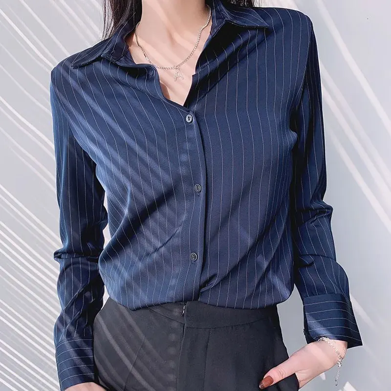Women's Clothing High Quality Polo-Neck Shirt Spring Soft Comfort Striped Printed Fashion Anti-Wrinkle Shirts Texture Design Top