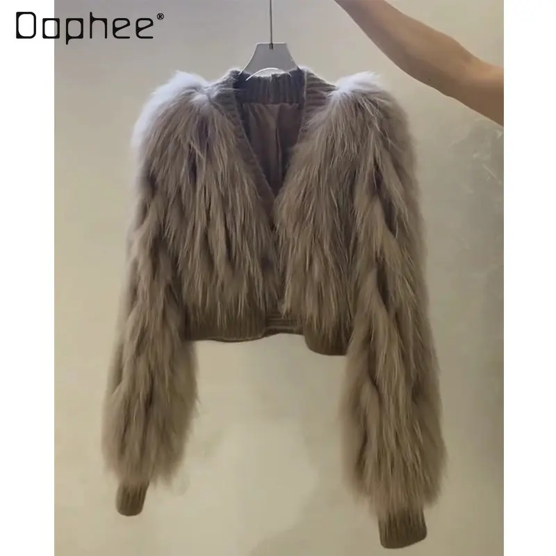 

Elegnat V-neck Fur Coat for Women New Popular Anti-Aging Sweater Patchwork Wool Jackets for Ladies New Fashion High Brand Coats