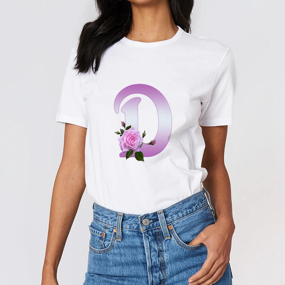 

Women's T-Shirt Simple Cute Letter Print Flowers Design Fashion Casual 2022 Summer White Crewneck Tshirts Trend Hipster Clothes
