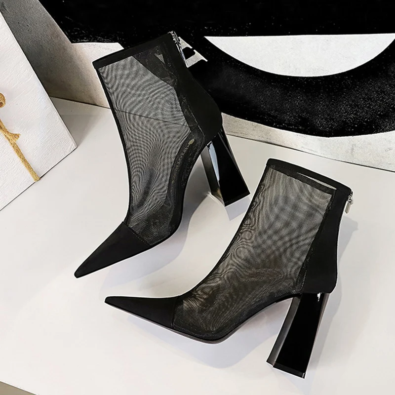 

Spring Autumn New Sexy Black Mesh Ankle Boots Women Pointed Toe Square High Heels Fashion Zip Lady Party Dress Shoes Size 34-40