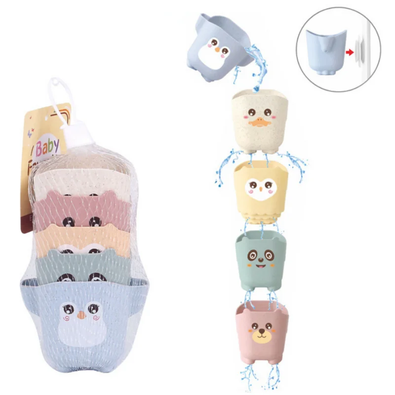

5pcs Multi Color Stacking Cup Baby Bath Toy Early Educational Intelligence Gift Cartoon Animal Stacked Cup Folding Tower Toys