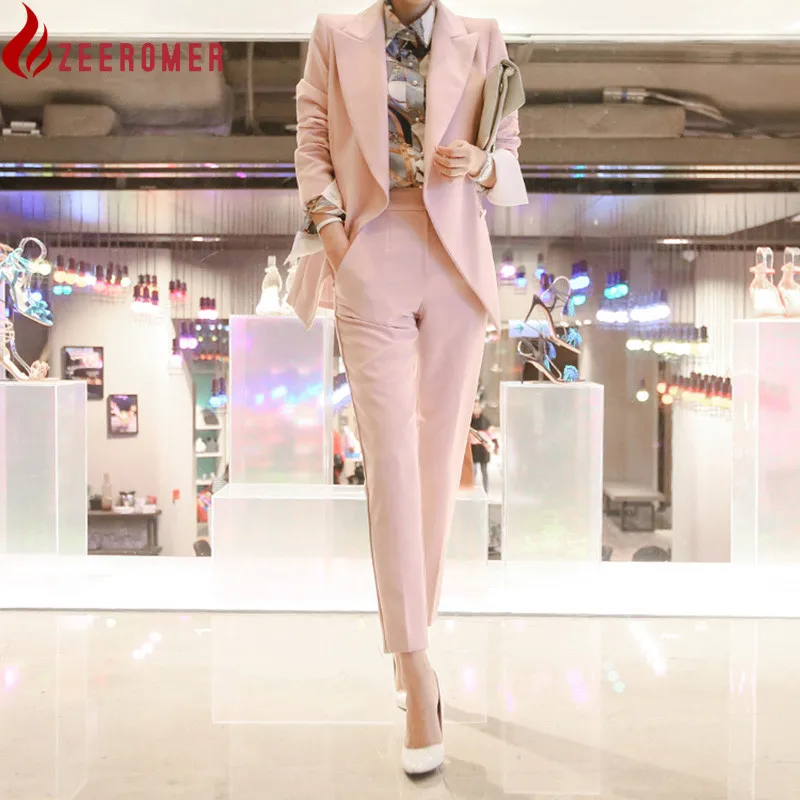 

ZEEROMER Business Autumn Women 2 Piece Set Pink Formal Turn Down Collar Office OL Blazer Coat + Work Pencil Trousers Pant Suits