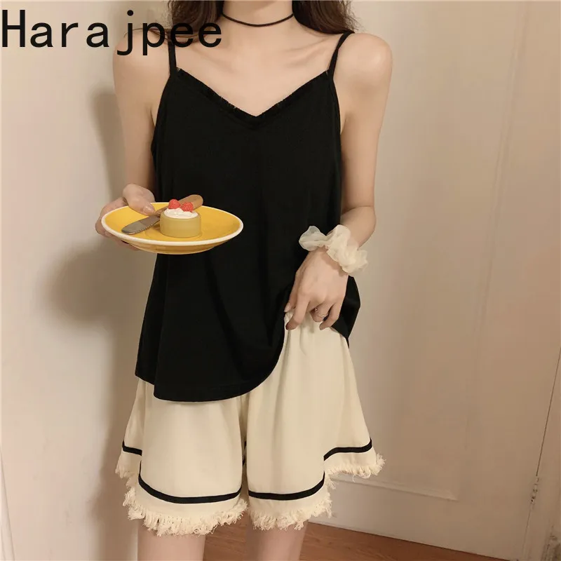 

Harajpee Ins Women's Sleepwear Two Piece Suit Cotton Pajamas Set Suspender Shorts Summer New Comfortable Casual Loose Homewear