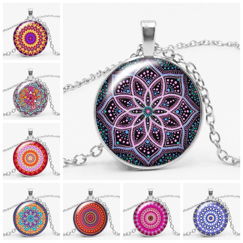 

Buddhist Yoga Mandala Fashion Glamour Girl Famous Wind Kaleidoscope Series Time Glass Gem Necklace Round Pendant Choker Necklace