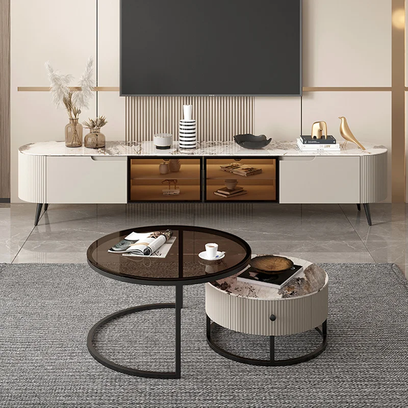 

Light Luxury Tv Stands Slate Tabletop Round Glass Coffee Modern Table Storage Space Meuble Tv Suspendu Sofaset Furniture