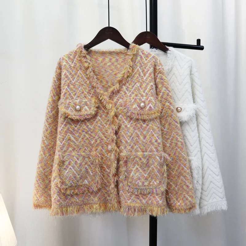 

Женский кардиган с бахромой и карманами, Бежевый свободный свитер на пуговицах с V-образным вырезом и длинными рукавами, джемпер для осени