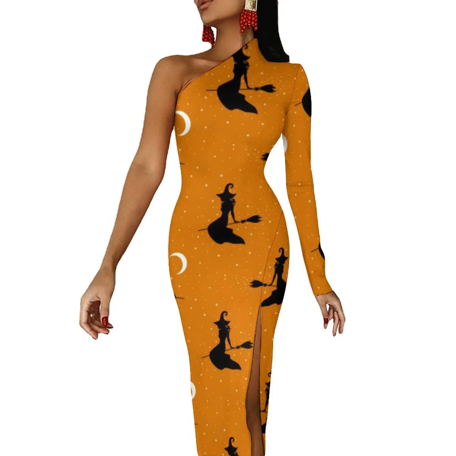 

Creepy Witch Spooky High Slit Bodycon Dress Women Halloween Print Retro Maxi Dress Summer Party Graphic Dresses Birthday Present