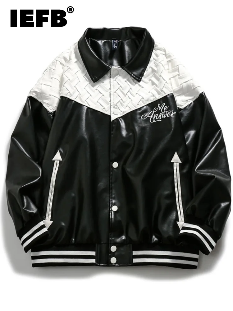 

IEFB Contrast Color Stitching PU Leather Jacket 2023 Turn-down Collar Single Breasted Male Tops Long Sleeve High Street 9A4499