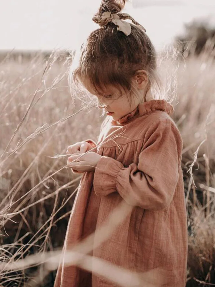 

2023 Autumn New Girls Long Sleeve Dress Cotton Linen Children Clothes Baby Girls Princess Dress Sweet Girl Casual Dress