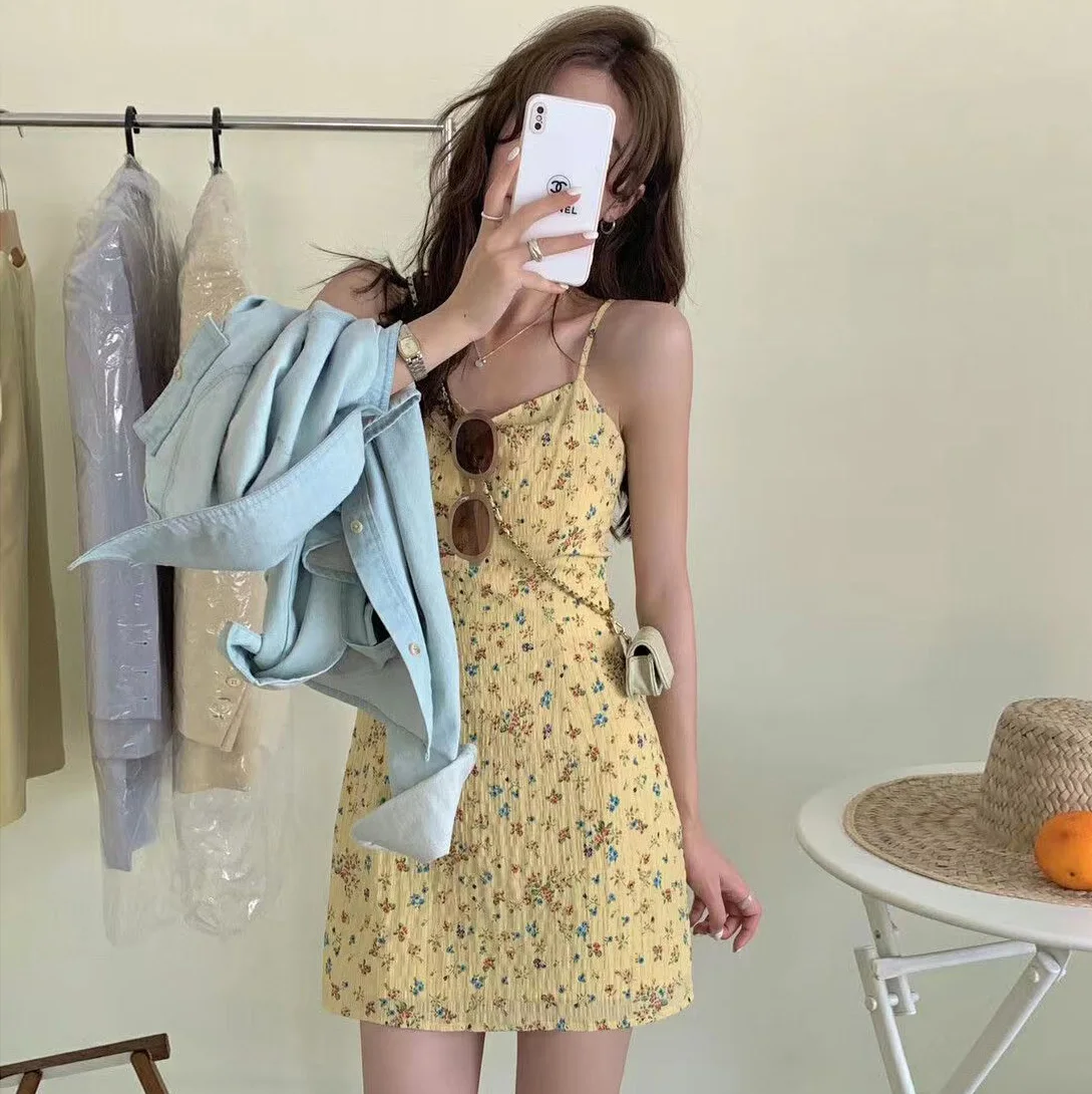

Floral Chiffon Spaghetti Strap Dress Mini Ummer Sexy Party Beach Korean Cute Vestido De Mujer 2023 Short Vrouw Jurk Yellow Black