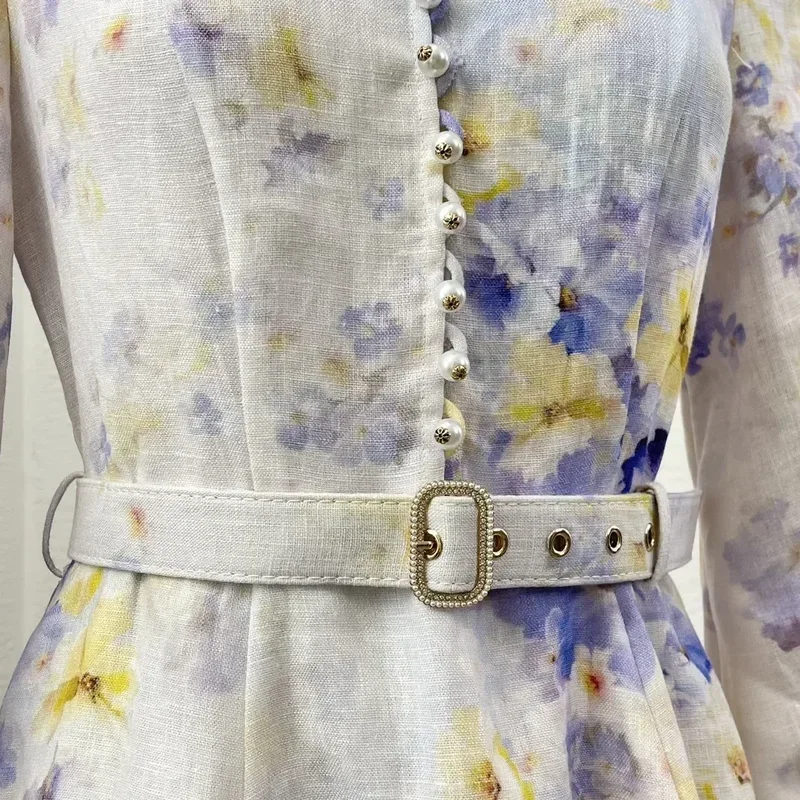 Новое светло-фиолетовое фиолетовое желтое с цветочным принтом из чистого льна