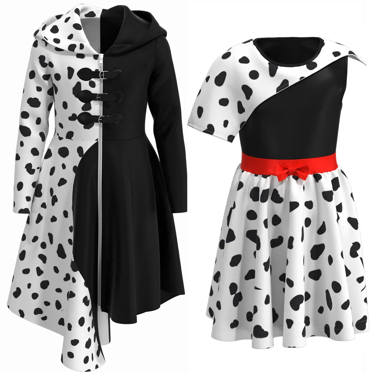 Kids Black White Witch Deville Cosplay Costume Dress for Girl Halloween Dalmatian Suit