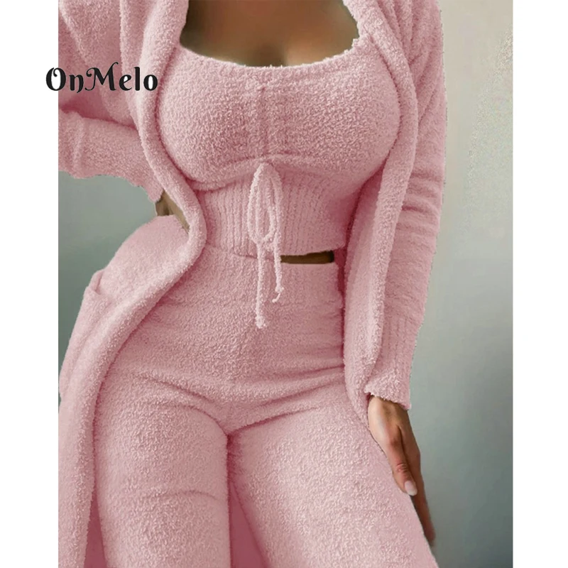 OnMelo Women's Velvet Pajamas Set Autumn Winter Crop Top+Long Pants+Coat 3 Pieces Suit Warm Soft Fleece Homewear New Pyjamas