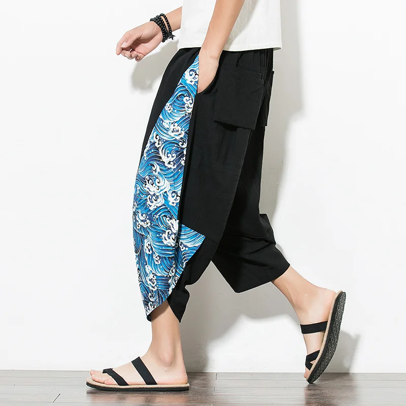 

Traditional Dress Chinese Dragon Pattern Patchwork Linen Harem Cropped Pants Men Spring Summer Plus Size Tai Chi Kung Fu Clothes