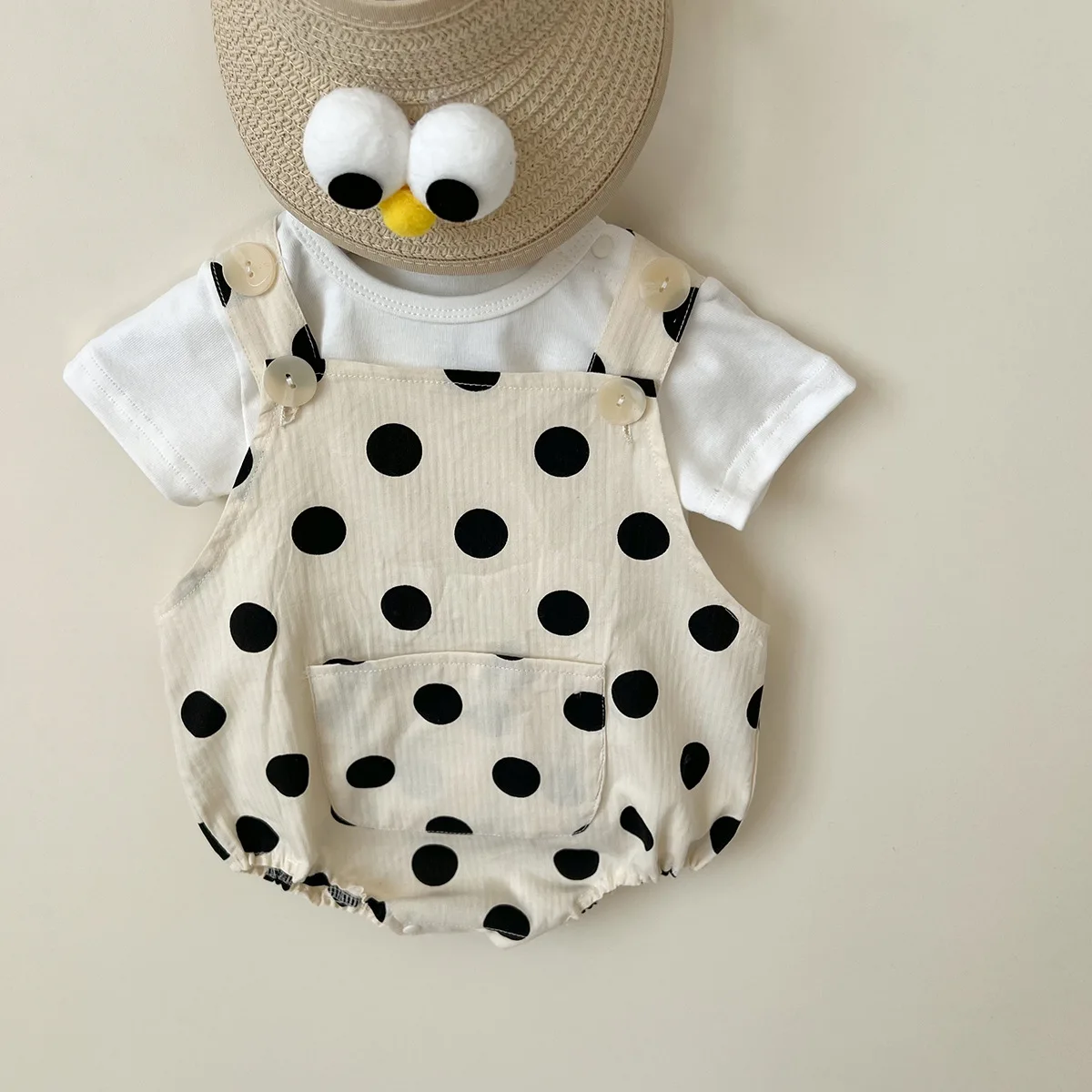 

Summer Thin Toddler Boy Dots Big Pocket Overalls Ins Girl Infant Solid Loose Casual T-short Newborn Cotton Suspenders Bodysuit