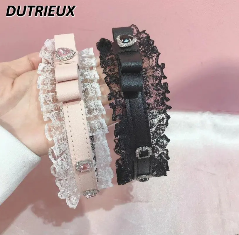 

Japanese Style Sweet Cute Lace Rhinestone Love Heart Bow Tie Headband Young Girl Hair Accessories Pu Headwear Female Hair Clips