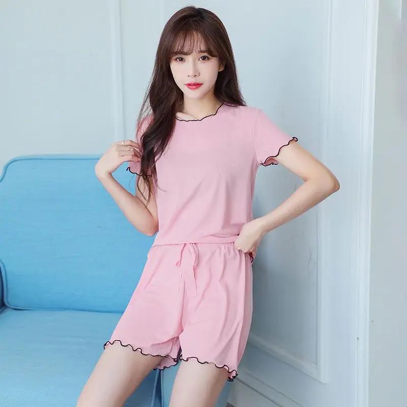 

Summer Pajamas Women Ice Silk Thin Solid Color Short Sleeve Shorts Wood Ear Soft Home Clothes Loose Sweet O Neck Sleepwear Set