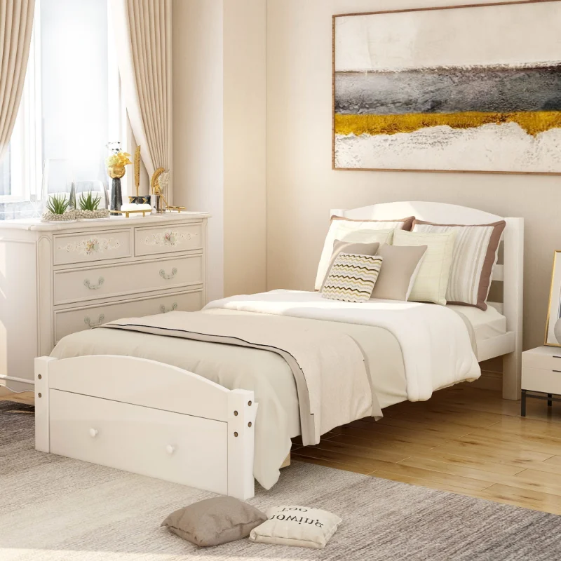 With Storage Drawer And Wood Slat Support No Box Spring Needed\  White White Solid Wood [us