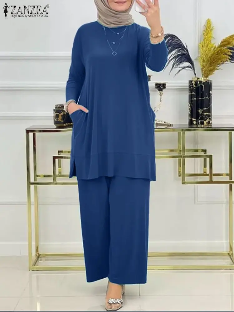 

ZANZEA Fashion Tracksuit Women Islamic Clothing 2PCS Muslim Sets Autumn Solid Abaya Outifits Long Sleeve Blouse Trousers Suits