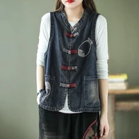 retro embroidery womens denim vest spring autumn sleeveless tops plus size denim cardigan korean fashion leisure loose new za