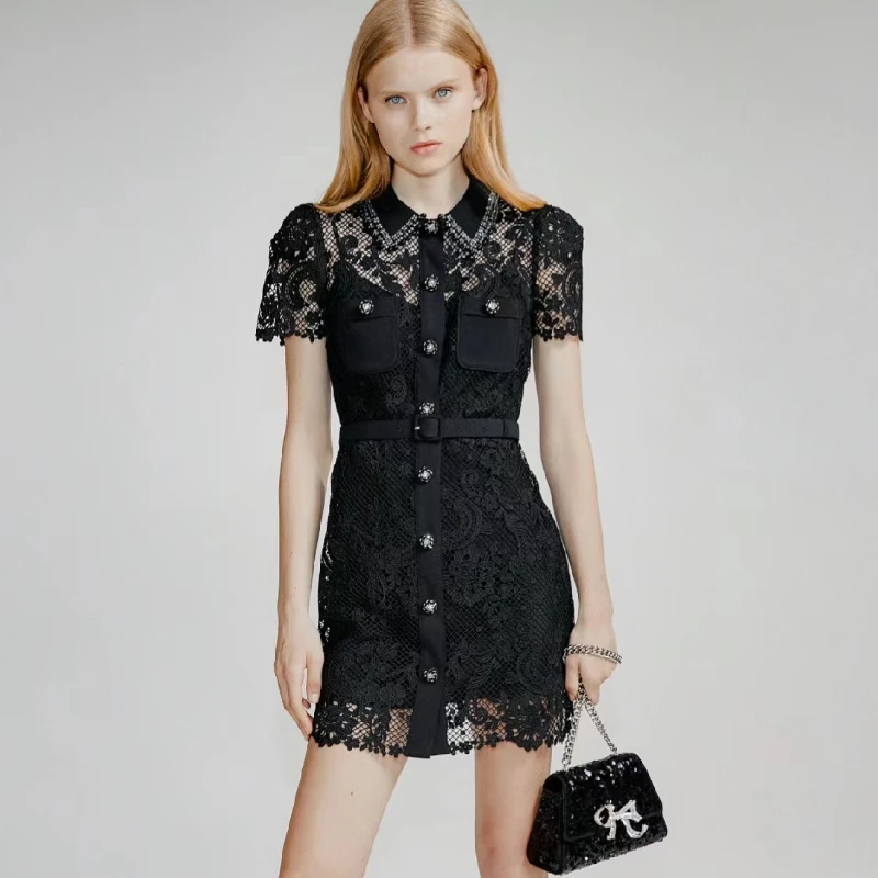 

Runway Designer Retro Lapel Classic Black Lace Dress Women Elegant Short Sleeve Short Pencil Slim Sheer Dress with Belt