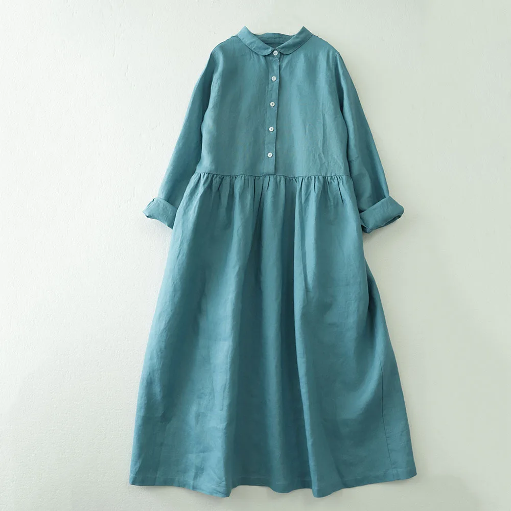 

Платье женское хлопково-льняное средней длины на пуговицах с воротником-стойкой