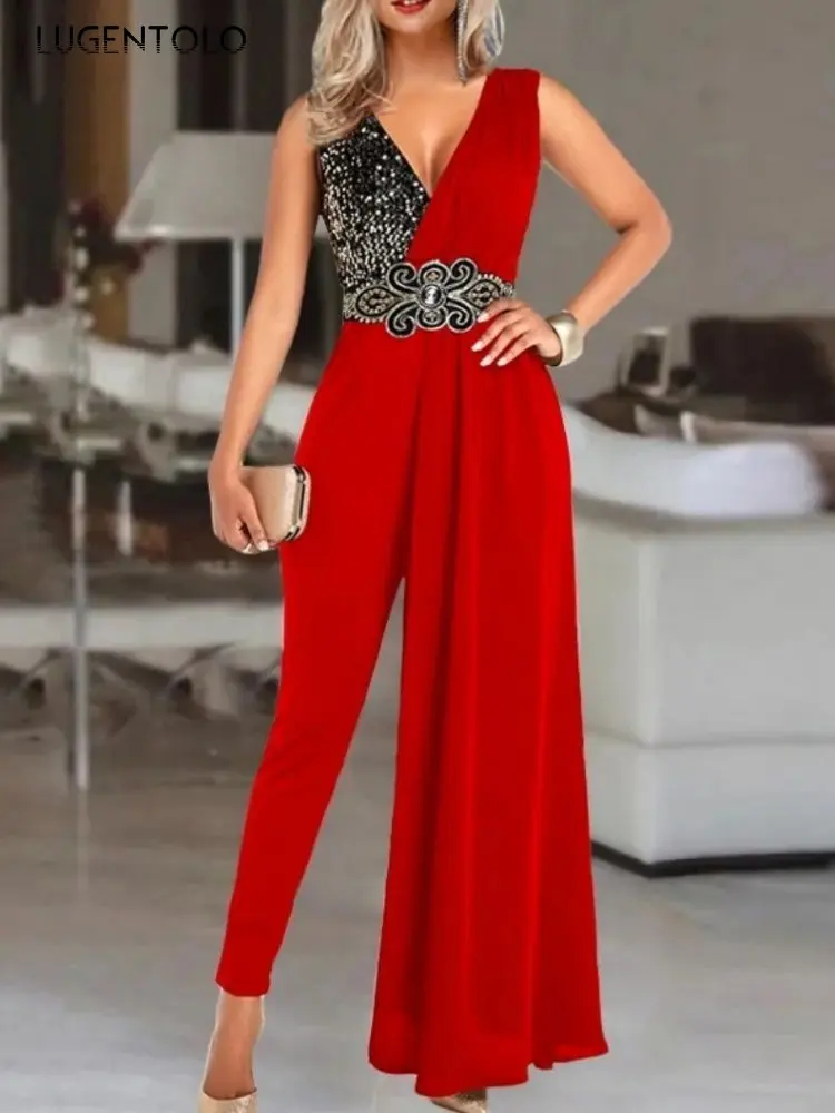 

Women Sexy Lace Jumpsuit Sequins V-neck Party High Waist Lady Elegant Hem Fake 2-pieces Spring Summer Straight Pencil Pants