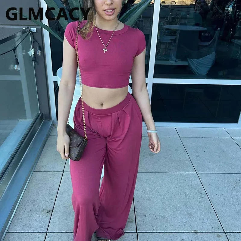 

Women Two Piece Casual Suits Short Sleeve Crop Top & Loose Pants Set